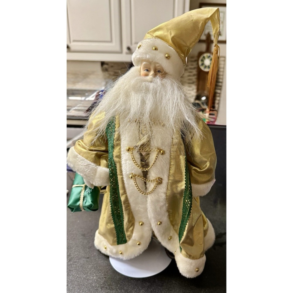 Vintage 15" Santa Claus Figure Porcelain Face Hands Gold Green Taiwan